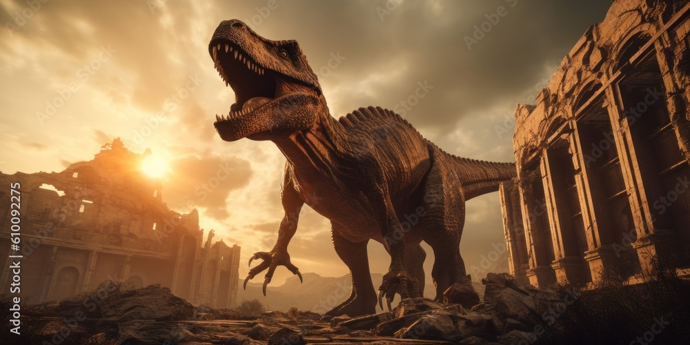 Aufkleber a large dinosaur standing in front of a building. generative ai image.