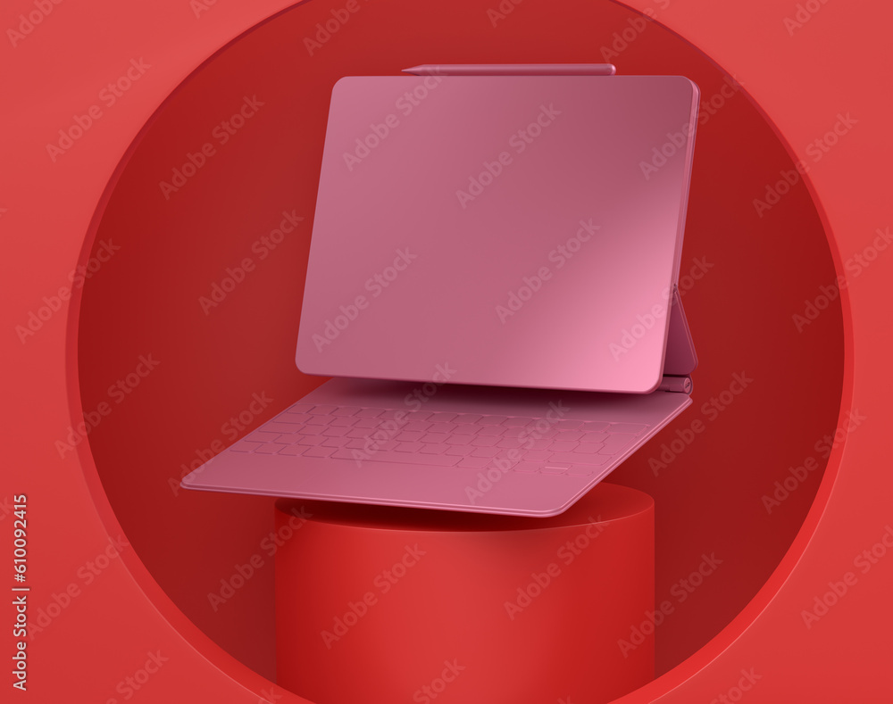 Poster abstract scene or podium with computer tablet with keyboard on monochrome