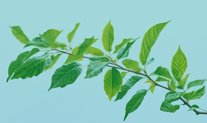  a branch with green leaves against a blue sky background, with a few green leaves on the branches of the tree, with a few green leaves on the branch.  generative ai