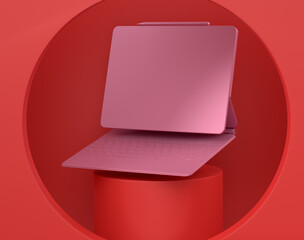 Abstract scene or podium with computer tablet with keyboard on monochrome