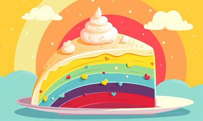  a piece of cake with a rainbow in the background and clouds in the sky above it, with a rainbow in the middle of the cake.  generative ai