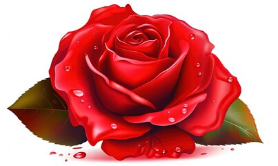  a red rose with water droplets on it's petals and leaves on a white background with a drop of water on it's petals.  generative ai