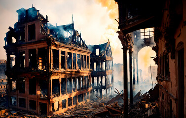 Fototapeta na wymiar The destroyed city houses on fire during the war. Generative AI.