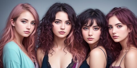 Studio portrait of a group of four young beautiful model smiling and looking at camera. Consumer concept, summer fashion, attractive young women. Casual fashion concept. Generative AI