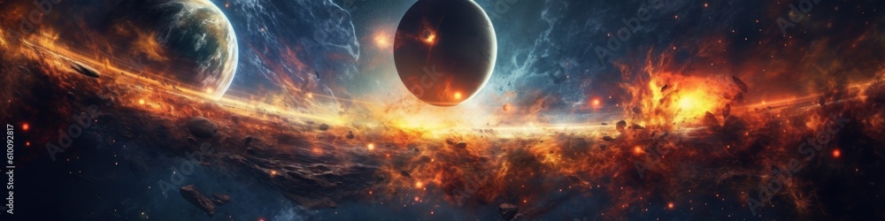 Poster a space scene with two planets in the background. generative ai image.