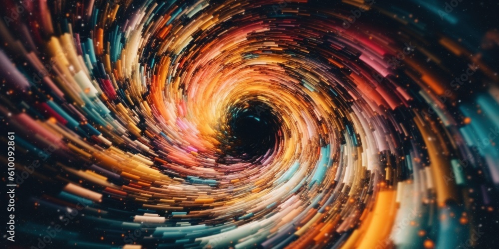 Poster a spiral of colorful lines in a dark space. generative ai image.