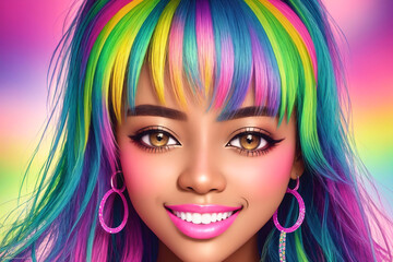 Beautiful African American girl with multicolored hair. Generative AI.