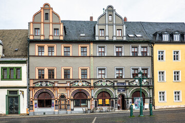 Historic Theater Im Gewolbe building on the market square of Weimar, Germany