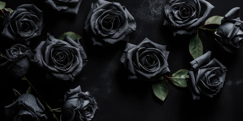 Above view of black roses lying on a black background surface. Copy space for text. Creative gothic luxury banner template. Bouquet of black roses. Generative AI professional photo imitation.