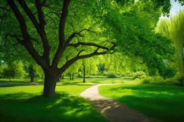 Fototapeta na wymiar Summertime green tree natural scenery. Generative AI