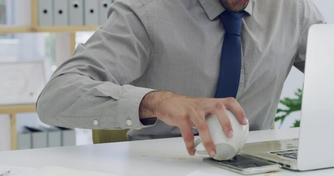 Business man with coffee spill on laptop, smartphone and keyboard in corporate workplace. Computer, technology and stressed male worker with hot beverage accident, mistake and liquid splash in office