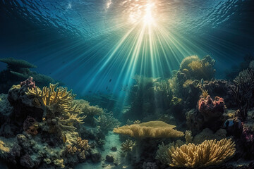 captivating image of sunburst patterns in a stunning underwater world teeming with marine life, generative ai