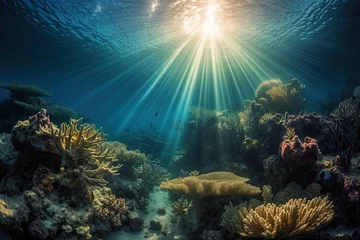 Foto op Aluminium captivating image of sunburst patterns in a stunning underwater world teeming with marine life, generative ai © aicandy