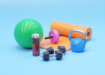 Fitness 3d render illustration - simple dumbbell, realistic water bottle and fit ball with kettlebell