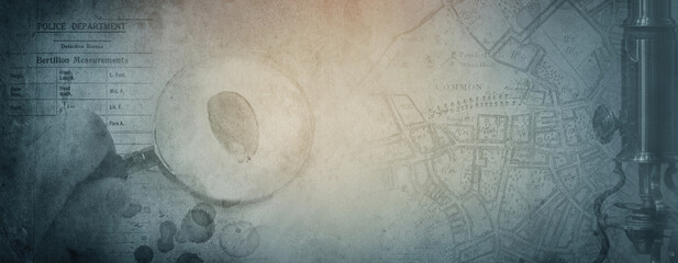 Magnifier, fingerprint, blood drops, microscope, map and police form. Vintage background on the theme of crime, police, detective, investigation. Old style. - 610093815