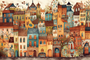 Charming wallpaper design featuring a whimsical cityscape of colorful houses, winding streets, and quirky shops with anthropomorphic animals as residents, generative ai