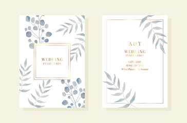 Wedding pemplates with light blue watercolor branches and leaves. Gold frames
