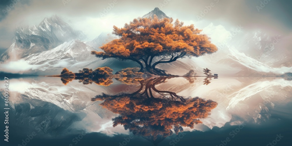 Aufkleber a tree that is standing in the water. generative ai image.
