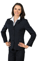 Friendly Young Businesswoman Standing with Hands on Hips - Isolated