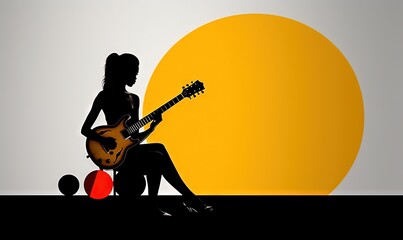  a woman with a guitar sitting in front of a sun with a red ball in front of her and a red ball in front of her.  generative ai