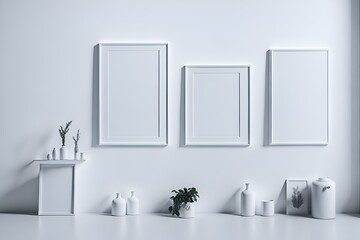 Fototapeta na wymiar A white room with three frames on the wall