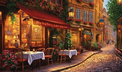 Fototapeta na wymiar a painting of a restaurant with tables and chairs on a cobblestone street in a european city at night with lights on the windows. generative ai