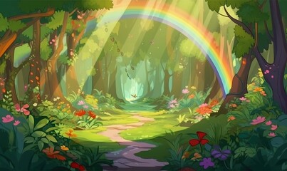  a painting of a rainbow in the middle of a forest with a path leading to a rainbow in the middle of the forest with flowers and butterflies.  generative ai