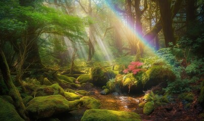  a painting of a stream in a forest with sunlight coming through the trees and a rainbow in the sky over the rocks and mossy ground.  generative ai