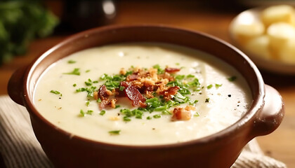 Hot potato soup with bacon and fresh spices perfect for the winter. Generative IA.
