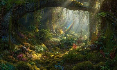  a painting of a forest with sunlight coming through the trees and moss growing on the ground and a fallen tree trunk in the foreground.  generative ai