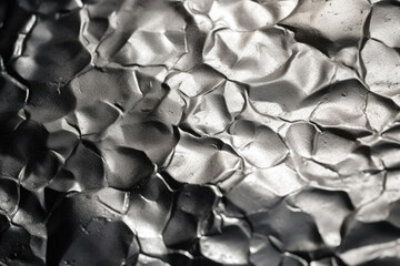Close-up of a silver metallic surface with a hammered texture and rough edges, generative ai