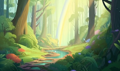  a painting of a forest with a stream running through the middle of the forest, and a rainbow in the sky above the trees and below.  generative ai