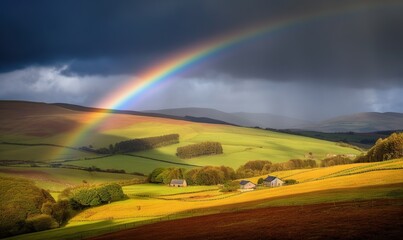  a rainbow is shining in the sky over a green field with a house and trees in the foreground and mountains in the distance,.  generative ai