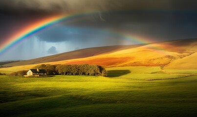  a rainbow appears over a green field with a house in the distance and a stormy sky in the background with a rainbow in the sky.  generative ai