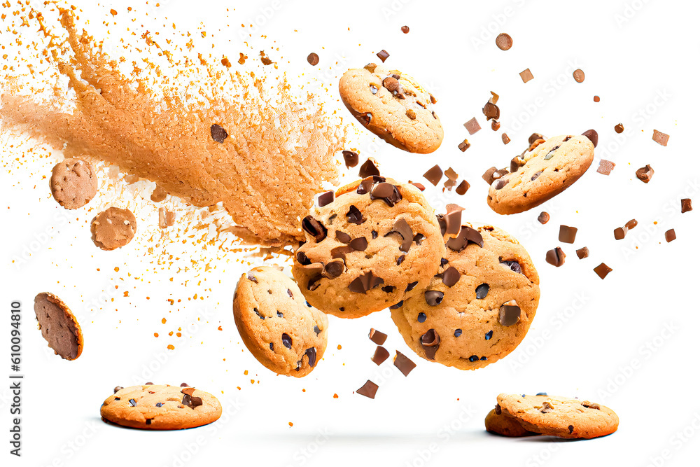 Poster chocolate chip cookies with splashes isolated on white background. generative ai