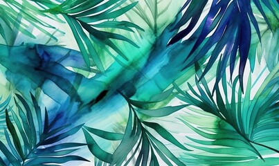  a watercolor painting of green leaves on a white background with a blue and green design on the left side of the image and the right side of the image.  generative ai