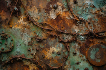 Close-up of rusted metal surface with intricate patterns and shades of green and brown, generative ai
