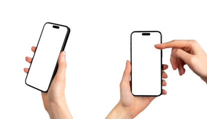 Berlin, Germany June 01 2023 Hands holding mobile phone screen mockups, blank smartphone mock-ups set, isolated on white