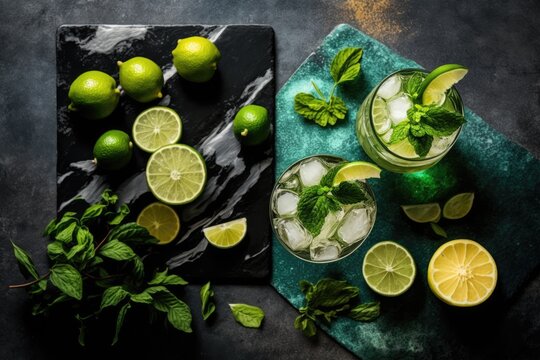 Mojitos with lime and mint are a popular summer drink. In the top view, copy space. Generative AI