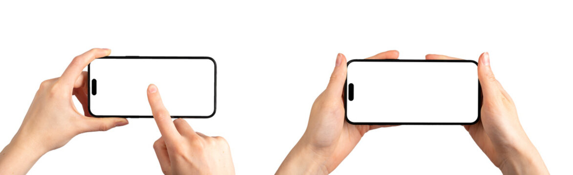 Berlin, Germany June 01 2023 Hands holding mobile phone screen mockups, blank smartphone horizontal displays, isolated on white