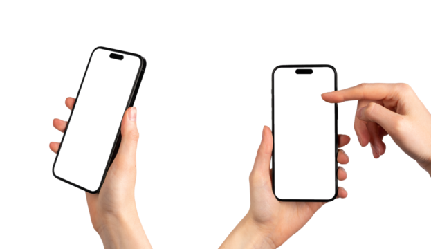 Berlin, Germany June 01 2023 Hands holding mobile phone screen mockups, blank smartphone mock-ups set, isolated on white