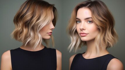 A chic and modern lob (long bob) styled with textured waves and subtle highlights Generative AI - obrazy, fototapety, plakaty
