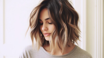 A chic and modern lob (long bob) styled with textured waves and subtle highlights Generative AI