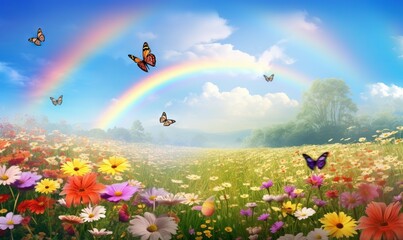 Obraz na płótnie Canvas a field full of flowers with a rainbow in the sky in the background and butterflies in the foreground of the picture and a rainbow in the middle of the picture. generative ai