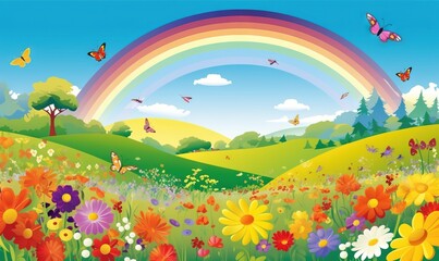 Obraz na płótnie Canvas a rainbow in the sky above a field of flowers and butterflies with a rainbow in the background of the picture and a rainbow in the sky. generative ai