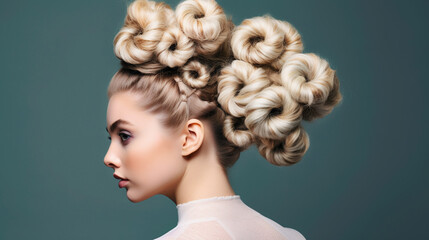 A playful and whimsical hairstyle featuring intricate twisted buns and wispy strands Generative AI - obrazy, fototapety, plakaty