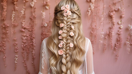 A mesmerizing cascading waterfall braid with delicate floral accents Generative AI