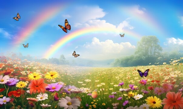  a field full of flowers with a rainbow in the sky in the background and butterflies in the foreground of the picture and a rainbow in the middle of the picture.  generative ai