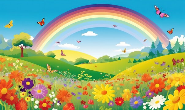  a rainbow in the sky above a field of flowers and butterflies with a rainbow in the background of the picture and a rainbow in the sky. generative ai © Olga