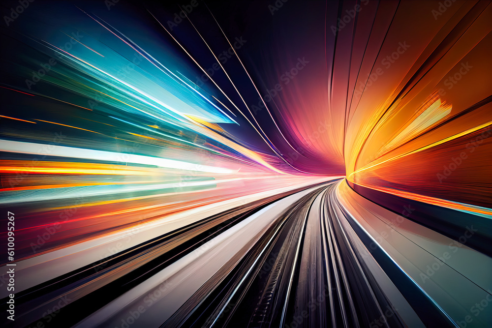 Poster motion blur of high speed train moving fast in tunnel, abstract background. generative ai